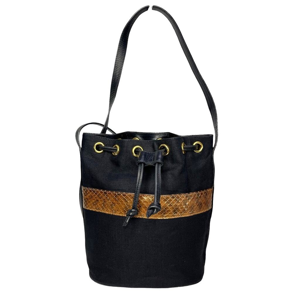 Salvatore Ferragamo Black Linen Canvas Bucket Bag Snakeskin Embossed Trim Italy